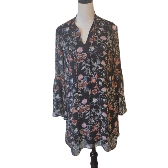 Philosophy Black Floral Poet Sleeves Chiffon Mini Dress Size Small - Picture 1 of 4
